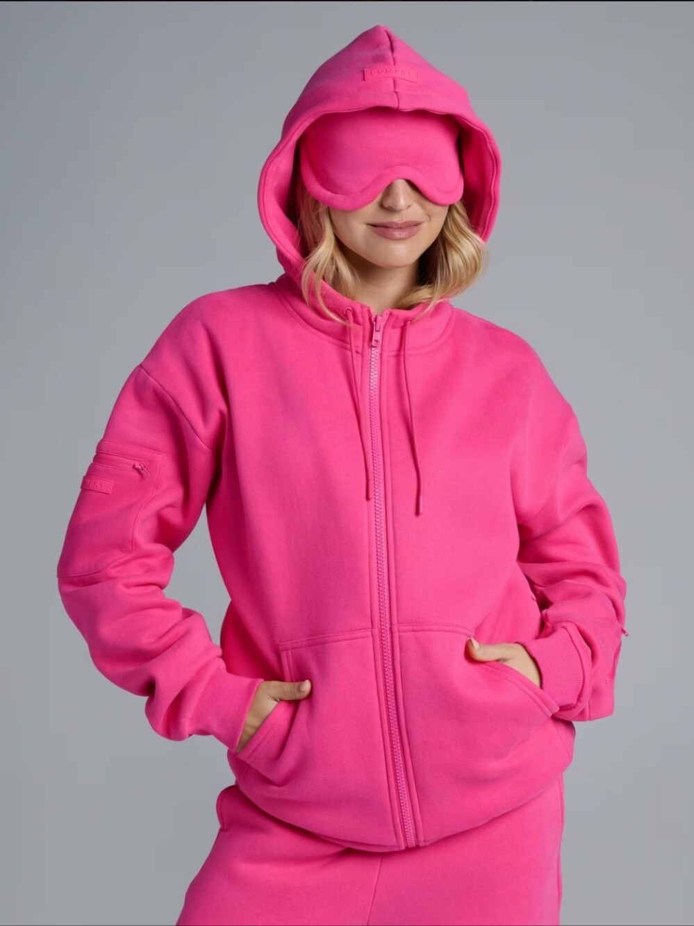 Comfrt Unisex Hot Pink Airplane Mode Travel Zip-Up Hoodie with Eye Mask